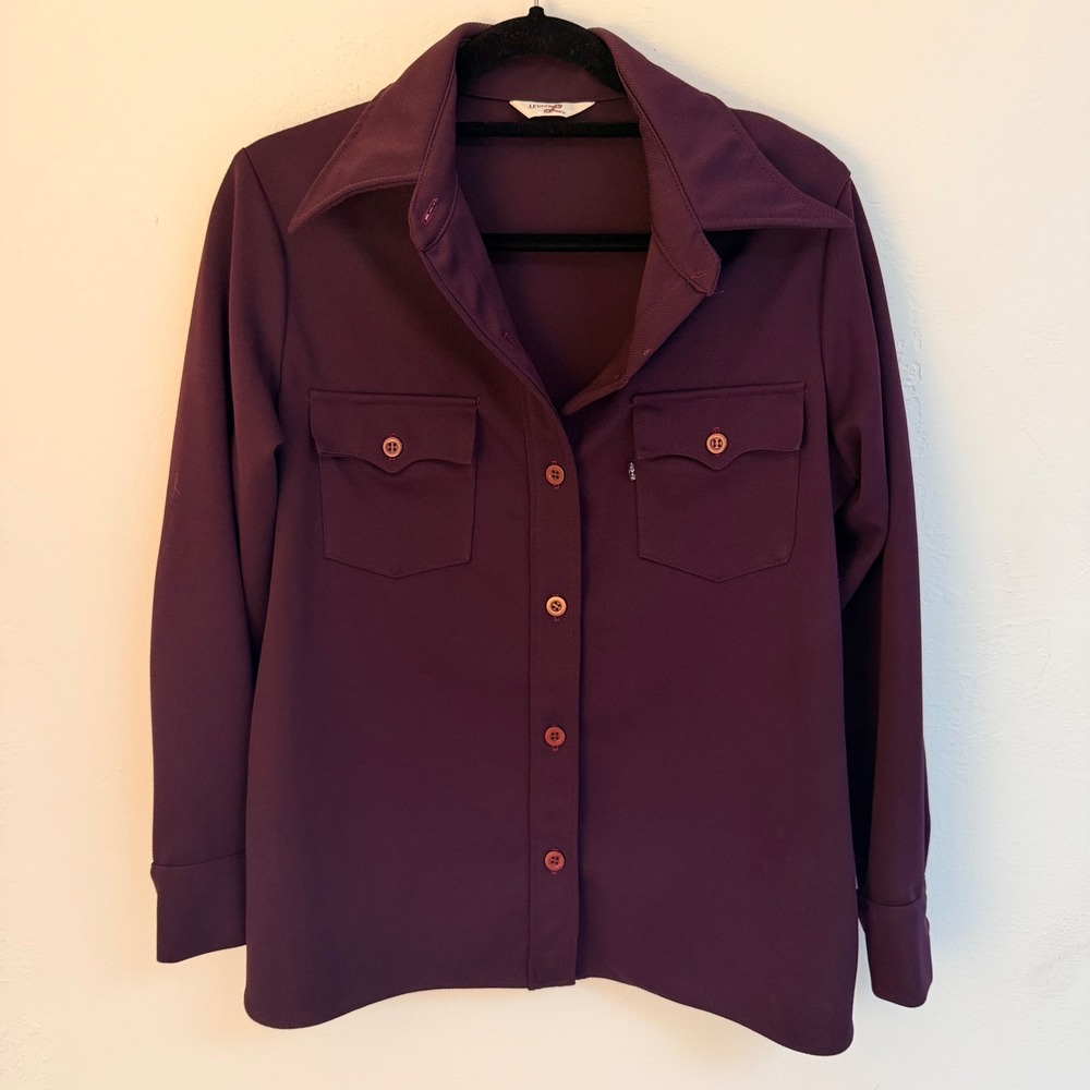 VTG Levis Women S 70s Purple Disco/Daggar Collar Button Down‎ Shirt Retro Mod